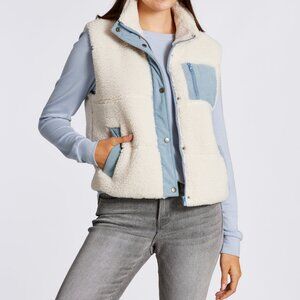 Blue Corduroy Trim Fluffy Sherpa Vest in Ivory
